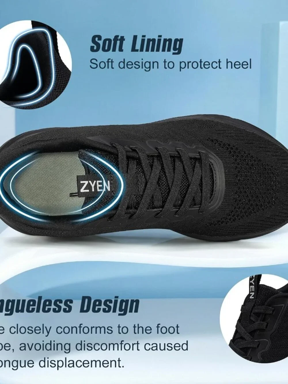 Women's Full Black Walking Shoes Non-Slip Breathable Mesh Athletic Sneakers